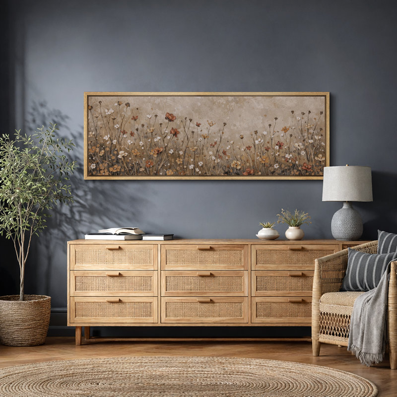 Autumn Wildflower Meadow Artwork, Living Room Pictures, Framed Canvas Giclee Print Wall Art, 20" H x 60" W
