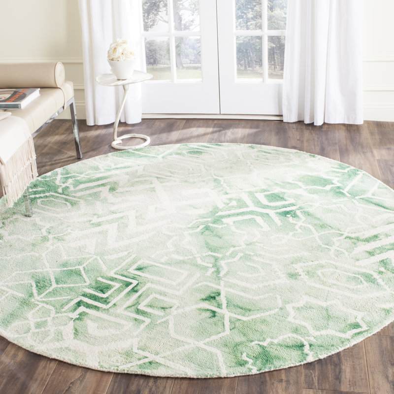 Hallette Hand Tufted Wool/Cotton Geometric Rug in Green, Round 5'