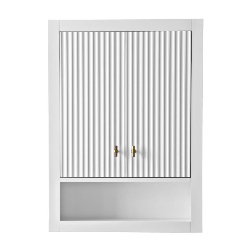 Armoire de rangement de salle de bain murale 24 po avec 2 portes, tablette réglable et tablette ouverte, Blanc, Or brossé
