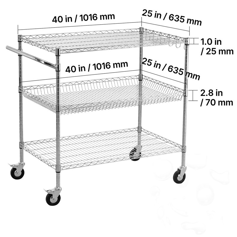 Chariot-bar roulant à 3 niveaux avec tablettes