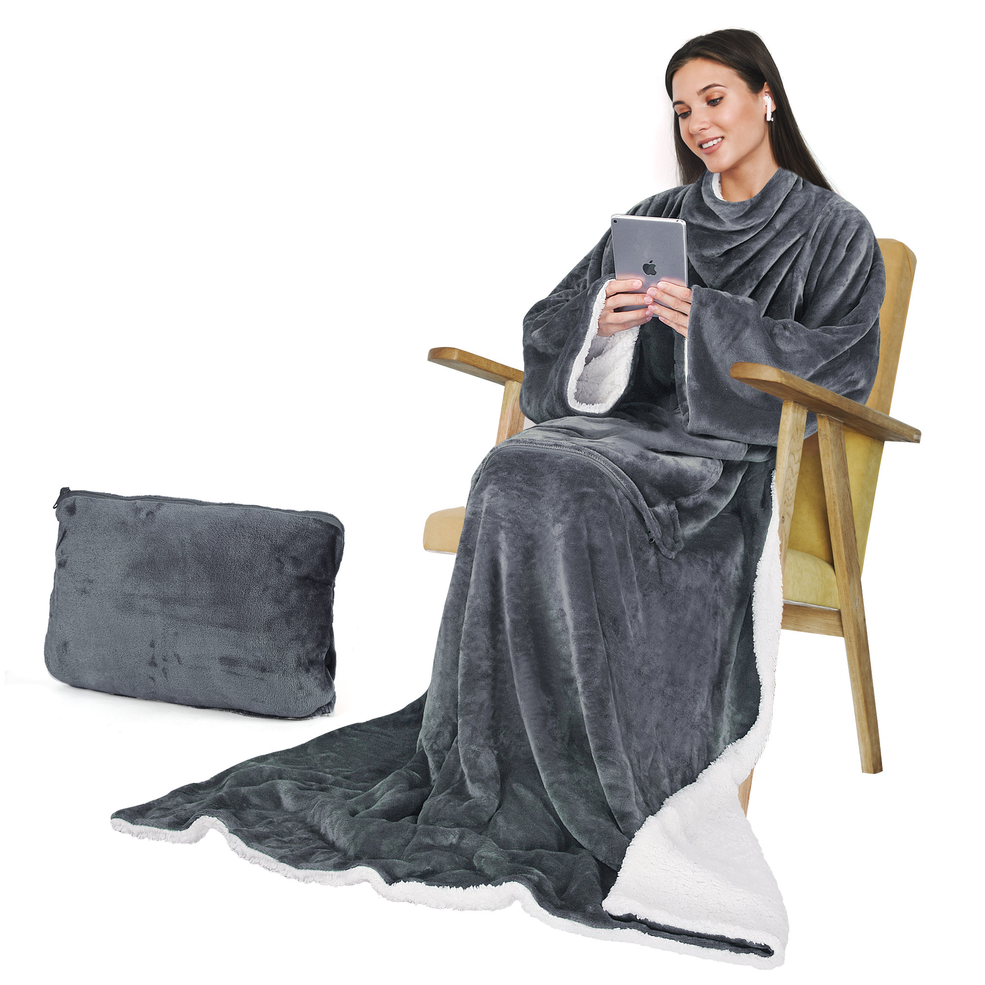 Sherpa Wearable Blanket with Sleeves Arms, Super Soft Snuggly Body Blanket  for Adult Women and Men