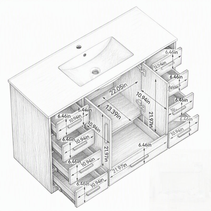 Meuble-lavabo de salle de bain avec rangement abondant, portes à fermeture douce et 9 tiroirs pour un design élégant et fonctionnel
