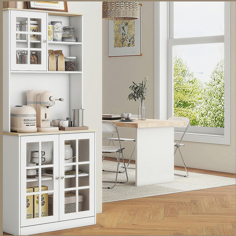 Armoire de rangement pour garde-manger de 72 po avec huche, grand comptoir, portes en verre et tablettes réglables, armoire à micro-ondes, armoire à café
