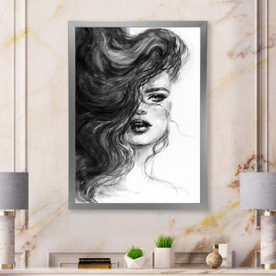 Portrait monochrome d'une femme aux cheveux ondulés - œuvre d'art sur toile Glam
