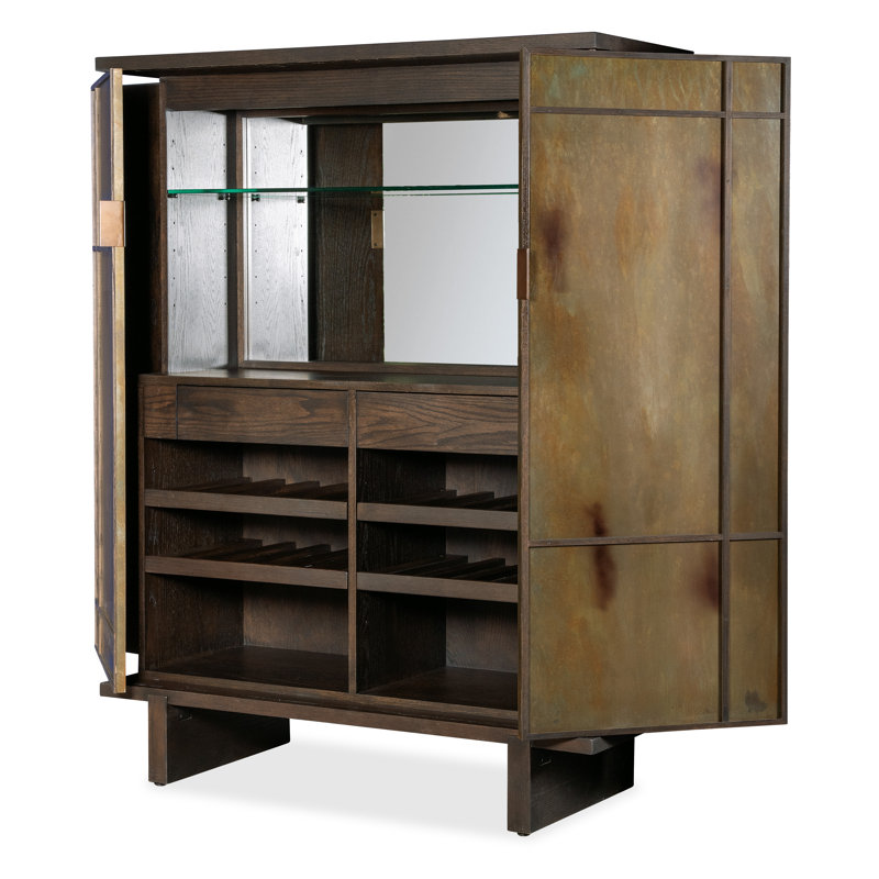Oak and Metal Sliding Door Bar Cabinet with Glass Shelves
