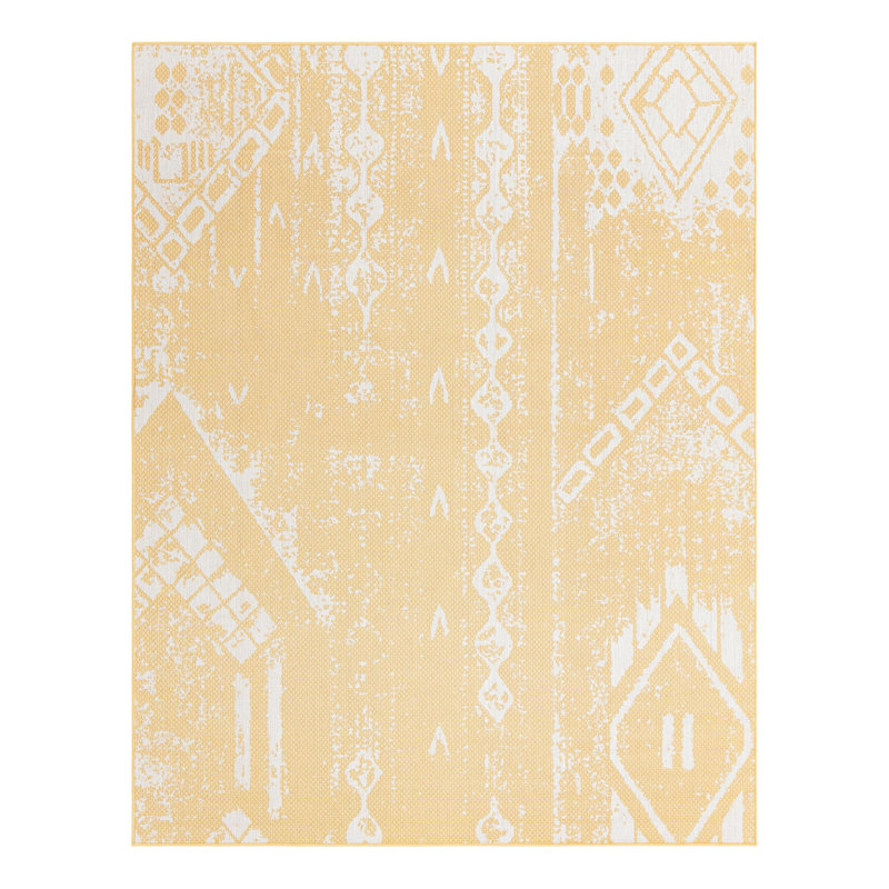Tapis intérieur / extérieur jaune en polypropylène tissé à la machine 9 pi 10 po x 13 pi Broux, Rectangle 7 pi 10 po x 10 pi