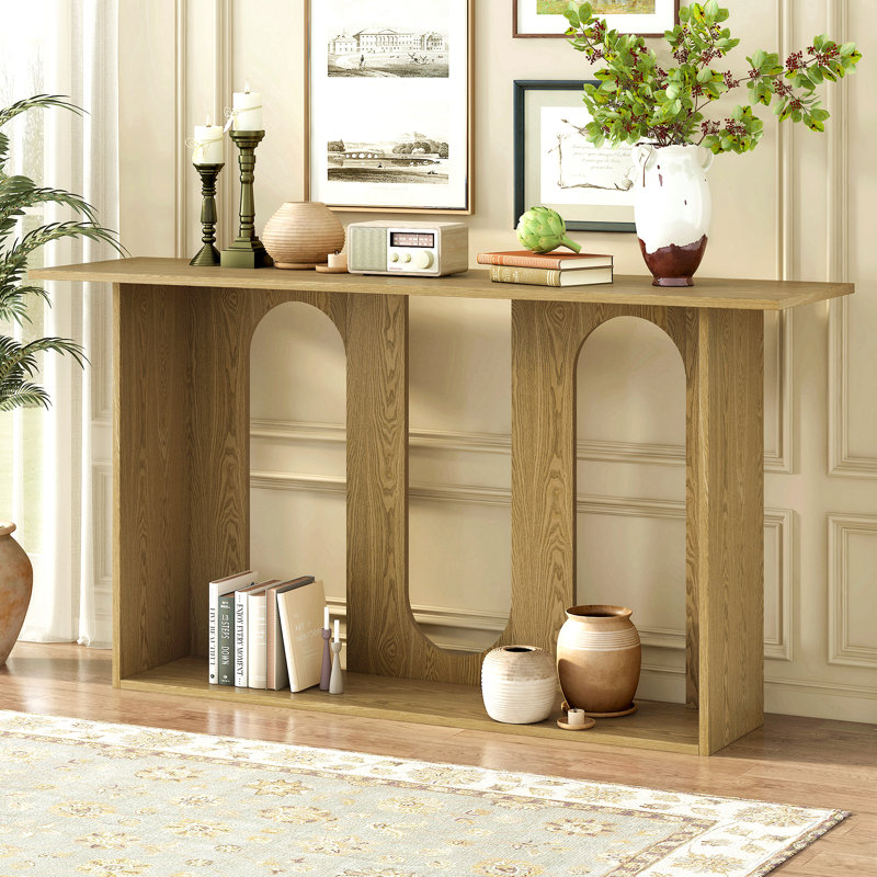 Modern And Curved Design Ash Veneer Console Table With Shelf, Natural