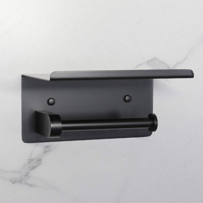 Stainless Steel Toilet Paper Holder With Shelf - Modern Bathroom Wall Mount Storage For Paper Towel And Smartphone - Rustproof Matte Black Finish - Easy Installation