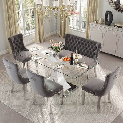 Ensemble de table de salle à manger moderne en verre pour 4/6 personnes, table de cuisine rectangulaire avec chaises en velours, ensemble de mobilier de salle à manger contemporain avec chaise capitonnée et banc