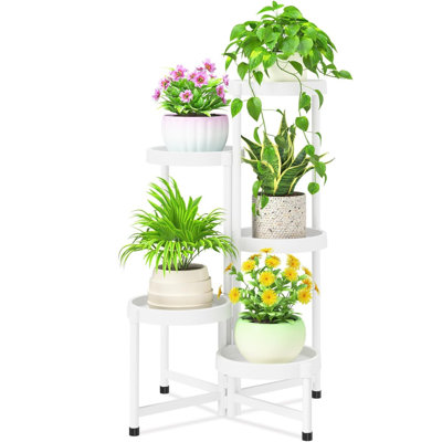 5 Tier Folding Plant Stand Indoor Outdoor With Plastic Tray, Tiered Corner Flower Holder Shelf, Metal Orchid Display Rack For Patio Porch Living Room Garden Balcony, White