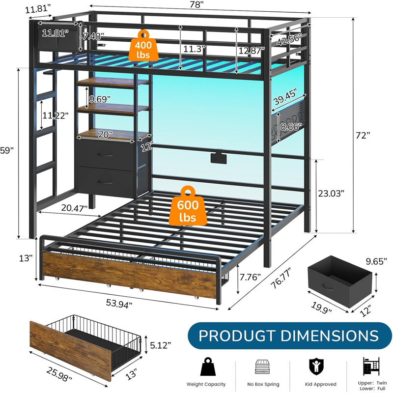 Bunk beds with a twin-size upper bunk and a full-size lower bunk, each equipped with 4 storage drawers and 3 open shelves; metal bunk beds with LED lights, charging stations, and wall hangings; L-shaped bunk beds with safety rails and ladders.