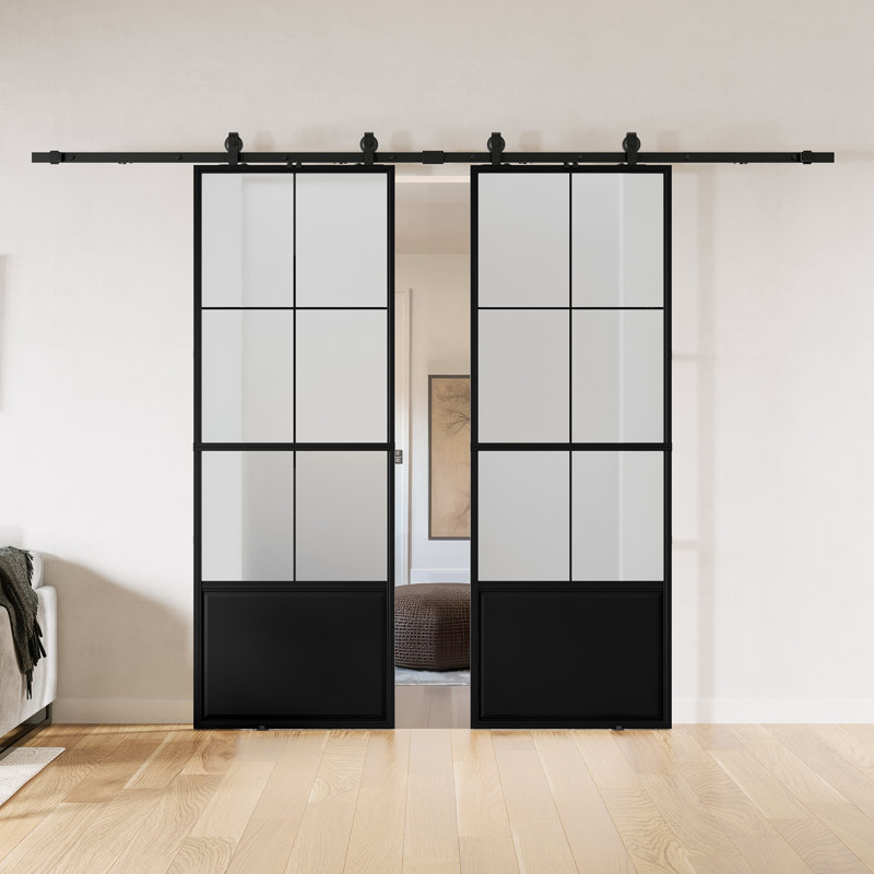 Portes de grange doubles en métal et en verre avec quincaillerie (fermeture en douceur incluse), 76" x 84", Givré