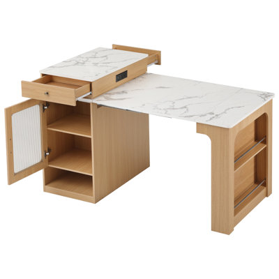Kitchen Island Of 59.5" Size, With 10.2 - 41.8" Extension, Two Removable Table Panels, And Built In Ac Charging Facilities Extendable For Dining, Long, Double Sided Drawers, Glass Cabinet, 2 * 360