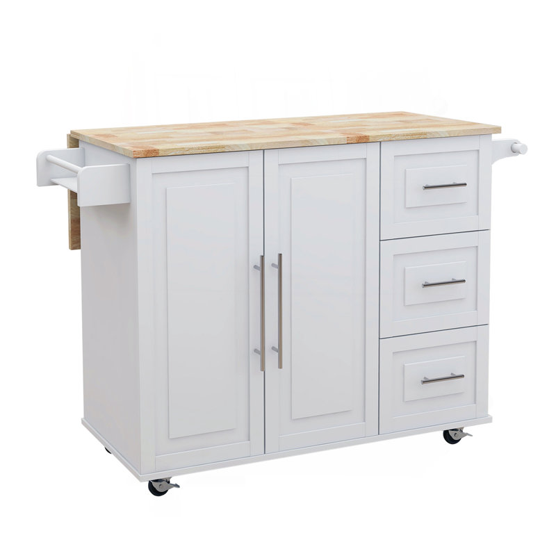Kitchen Island With Spice Rack, Towel Rack And Extensible Solid Wood Table Top, White