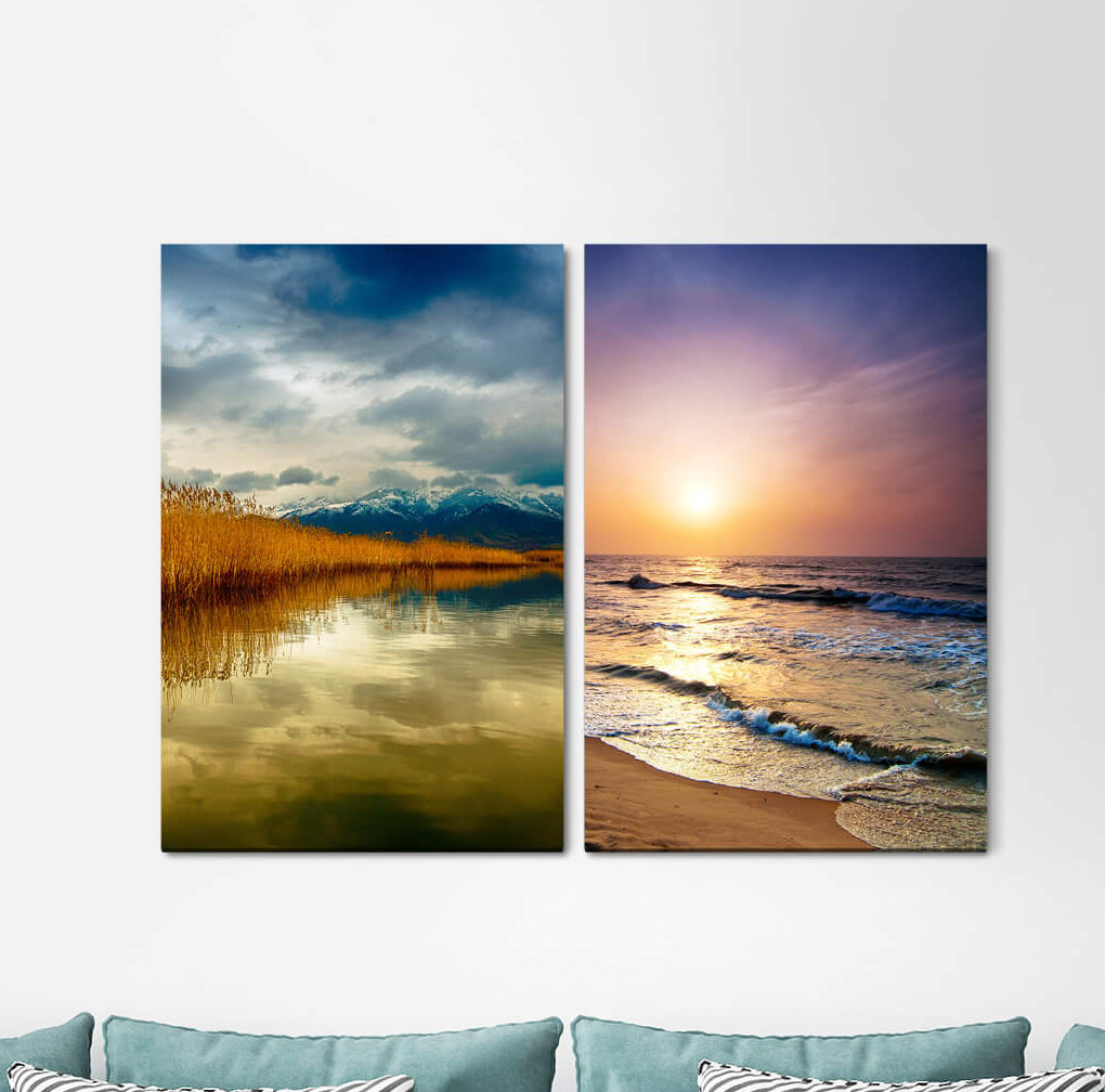 2-tlg. Leinwandbilder-Set - Fotografie „Nature Mountains Lake Sea Horizon Sunset Calming”