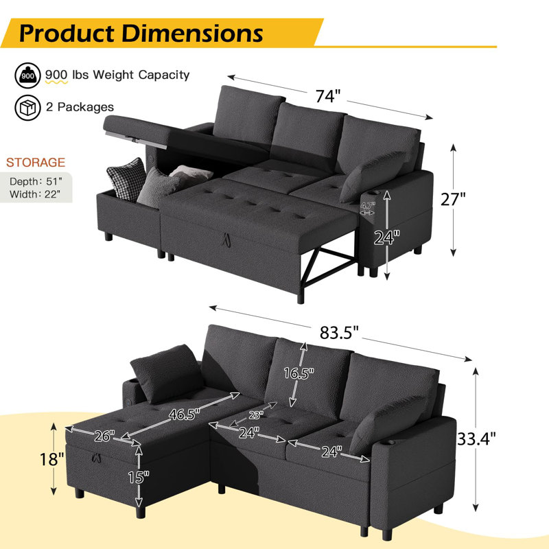 83.5''sleeper Sofa Couch With Pullout Bed, L-shaped Convertible Couches, Black Teddy
