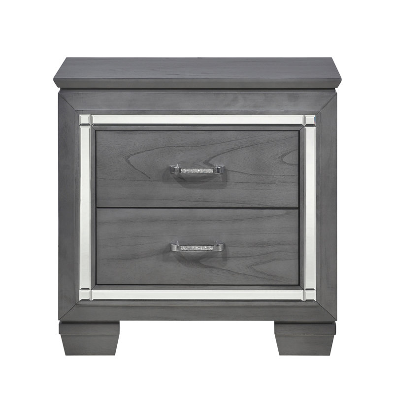 Table de chevet contemporaine à 2 tiroirs avec cristaux à DEL et faux cristaux gris
