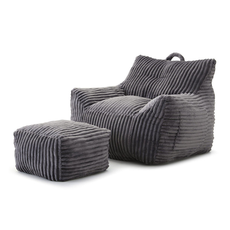 Comfy Lazy Bean Bag Chair with Armrests and Ottoman, Gray Coruduroy