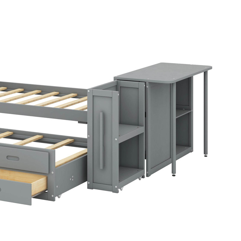 Lit plateforme simple en bois multifonctionnel avec bureau et tablette de rangement au bout du lit, lit gigogne intégré et 3 tiroirs
