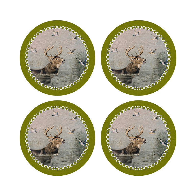 English Stag Vegan Leather Round Pebble Placemat, Chartreuse