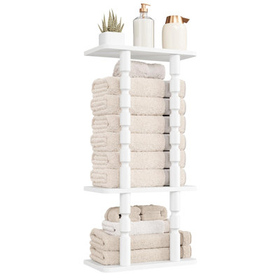 3-Tier Wall Mount Towel Rack for Bathroom, 2 Solid Wood Turned Legs, Towel Holder for Rolled Towels, Bathroom Storage Organizer with Wooden Shelves, Sturdy and Large Capacity, (White)