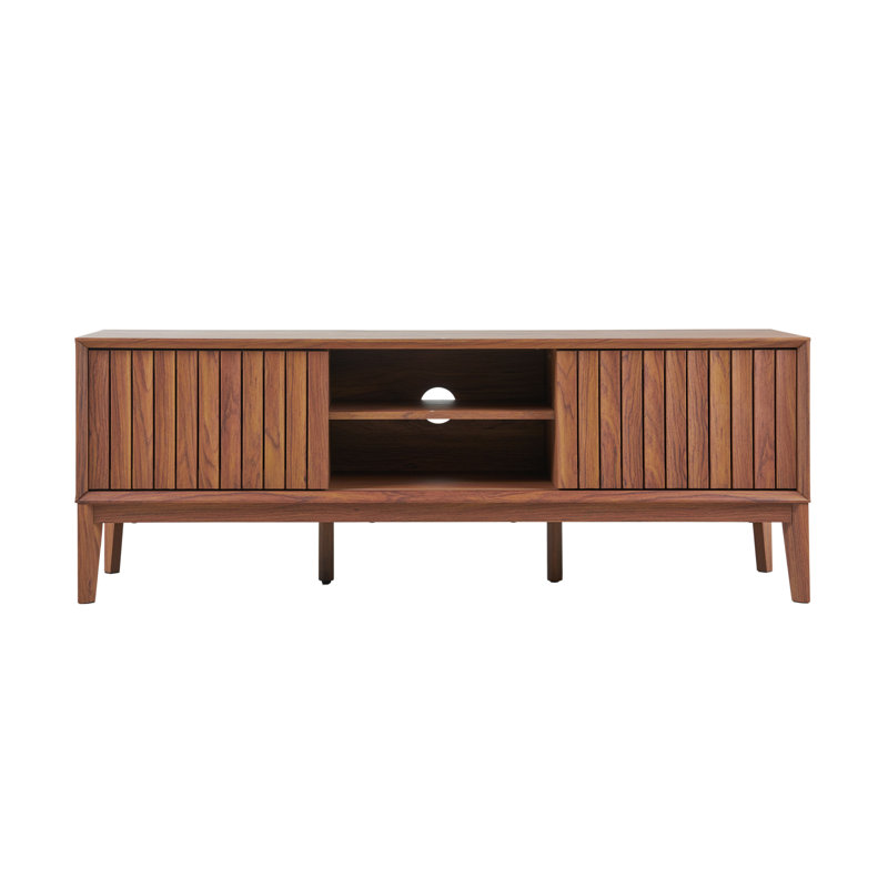 Console média Gennaro de 58 po en noyer avec portes coulissantes à lattes, tablettes ouvertes réglables et finition mate lisse