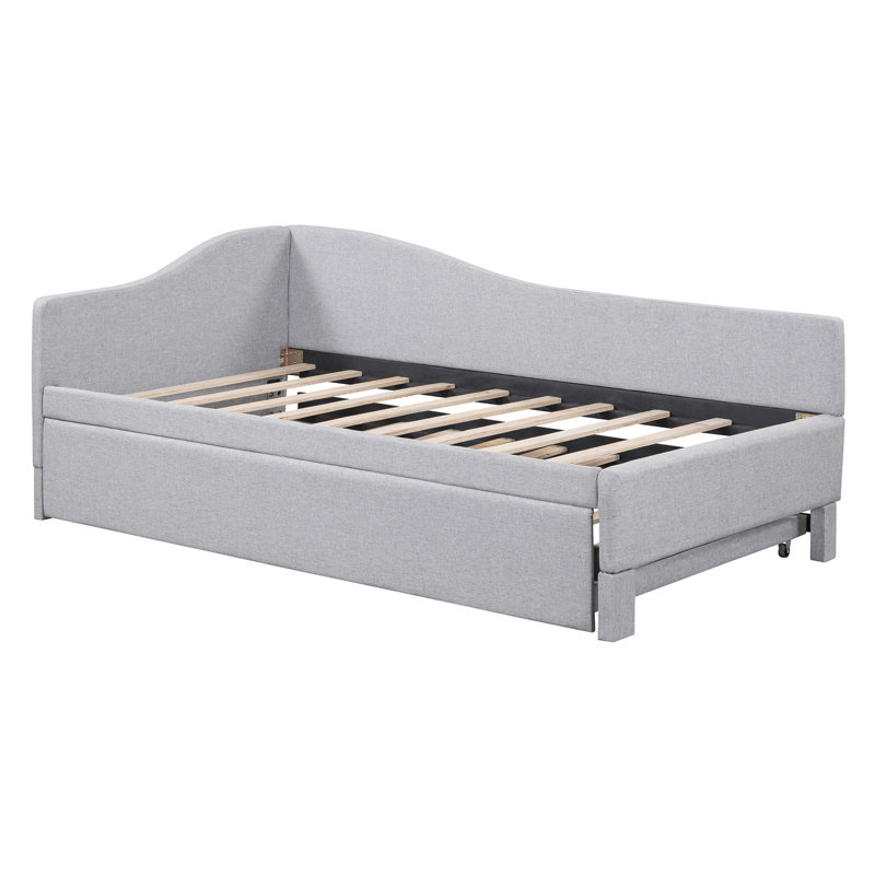 Twin Size Upholstered L-Shaped Upholstered Daybed with Pop Up Trundle, Grey
