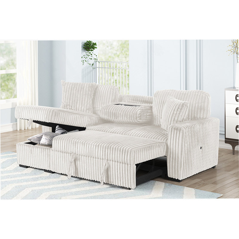 Plush Sectional Sofa W/ Pull Out Sleeper made with Velvet fabric, Cream Velvet