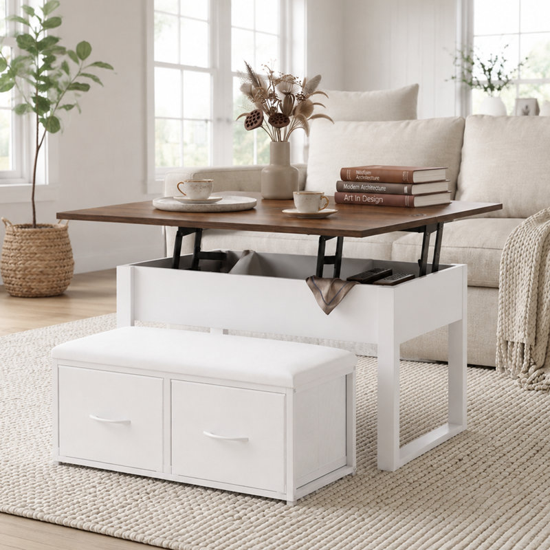 Table basse Lorenzo 31,5'' avec plateau relevable et banc de rangement, Brun et blanc