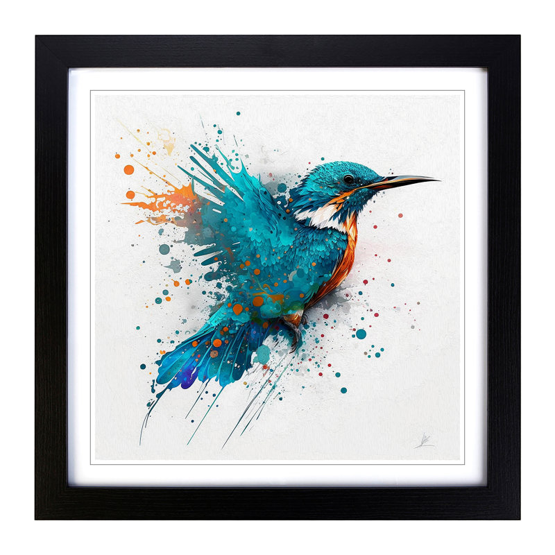 Kingfisher Splatter Art - Single Picture Frame Print on Wood, Black