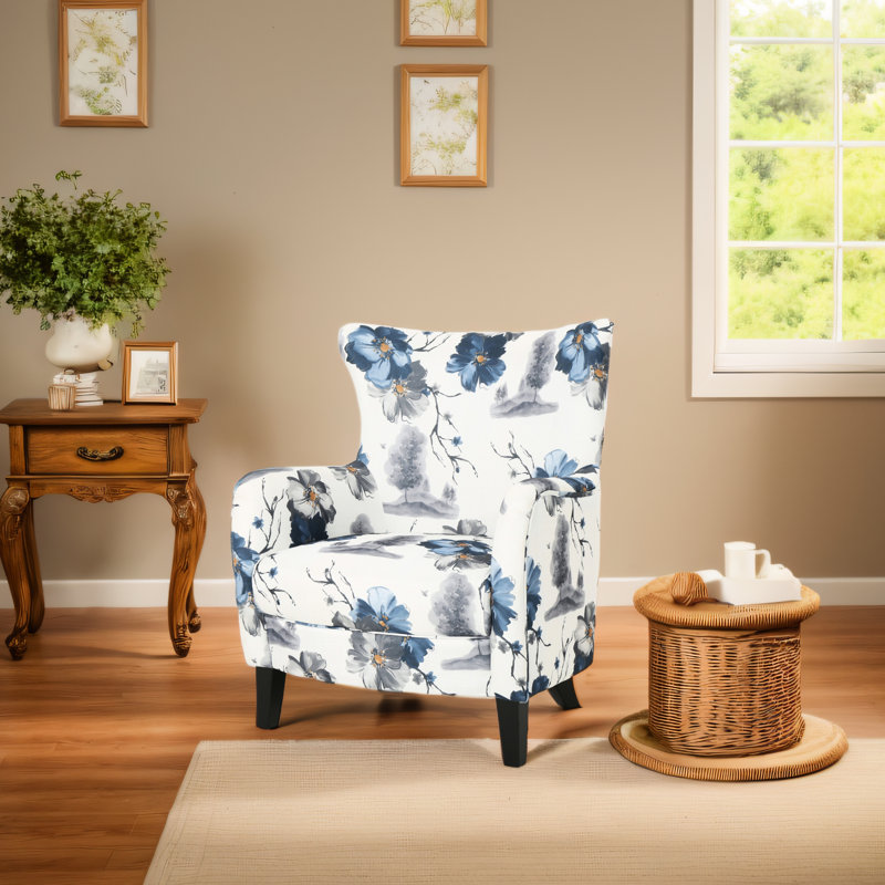 Fauteuil de salon à imprimé rétro, rembourrage doux, design luxueux blanc et bleu pour l'espace, matériau du tissu