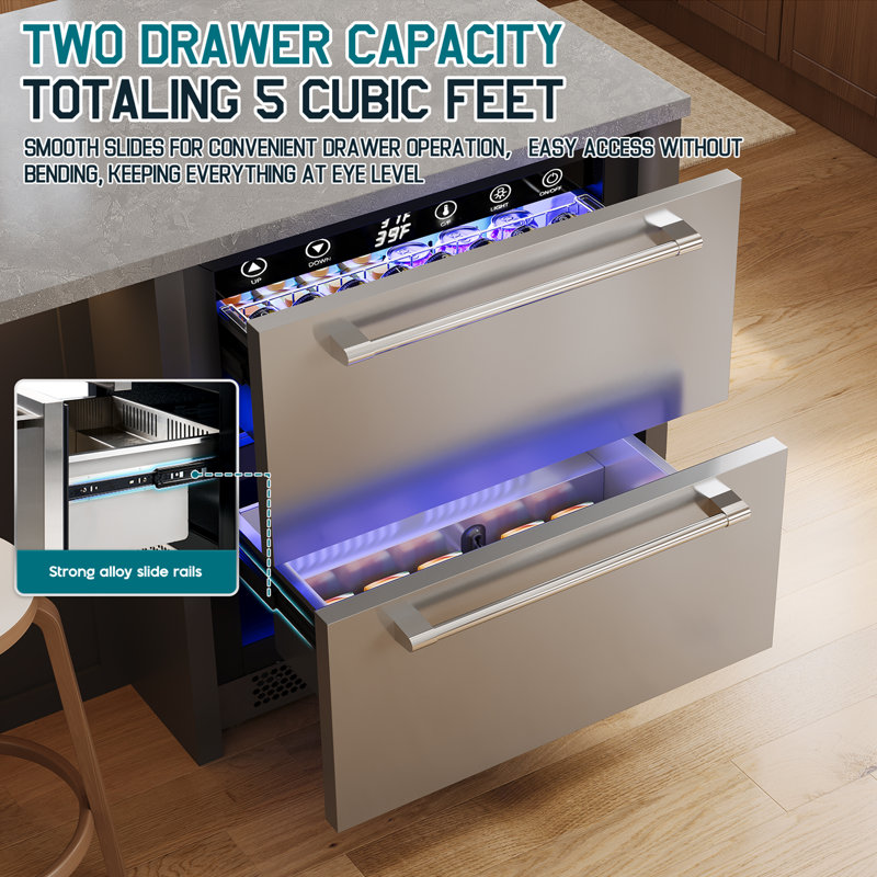 24 Inch Under Counter Drawer Fridge – Stainless Steel Beverage Refrigerator with Dual Drawers, LED Touch Control, Adjustable Storage, Frost-Free, Low Noise, 34-72℉, for Indoor or Outdoor Use