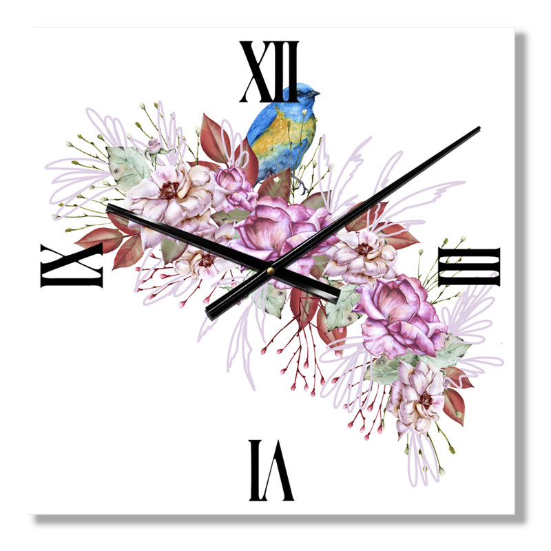 Horloge murale petit oiseau assis sur une branche de fleurs, Grand