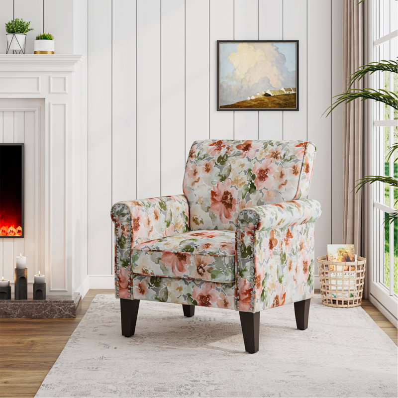 Chaise d'appoint en orange pastel et vert floral avec pieds en bois massif