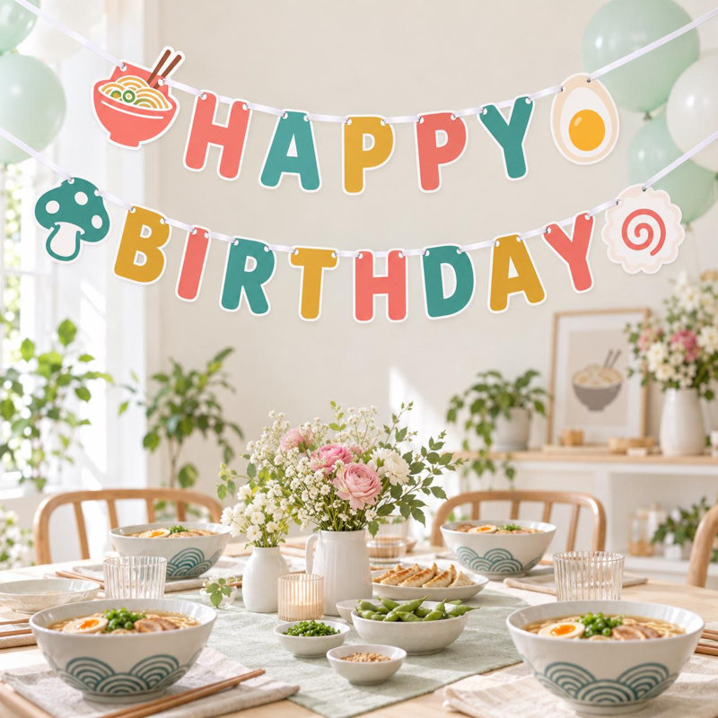 Ramen Birthday Banner, Noodle Party Garland, Cardstock Decorations