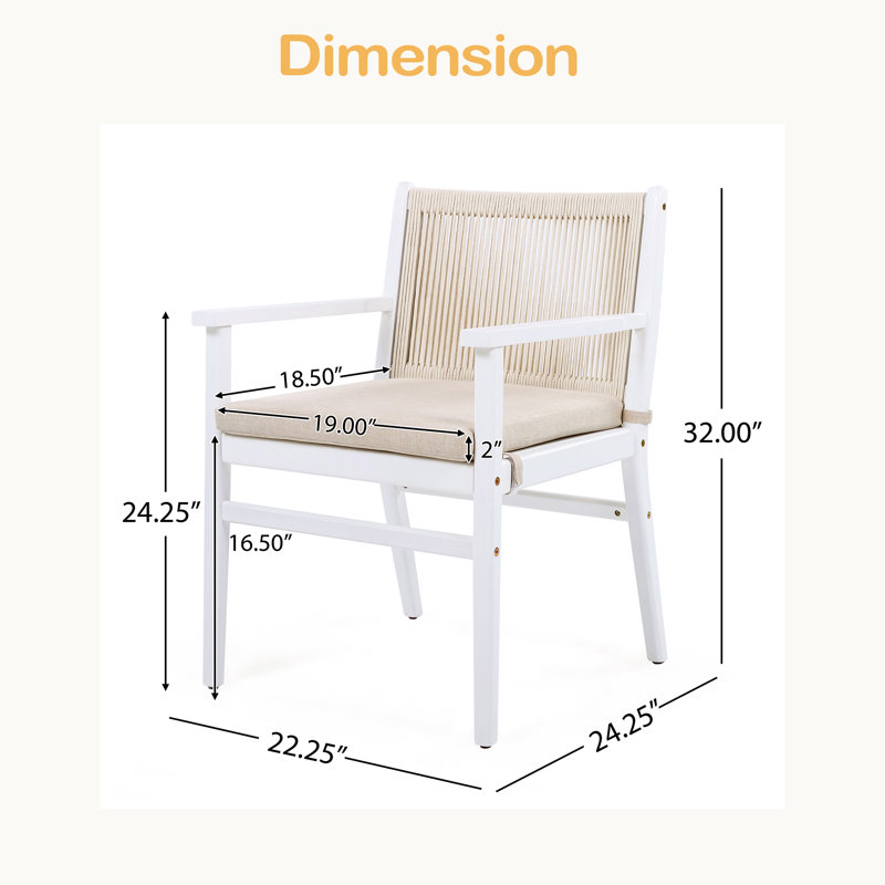 Ensemble de 2 chaises de salle à manger d'extérieur, fauteuil de patio en bois d'acacia avec dossier en corde et coussin hydrofuge, structure, capacité de poids de 400 lb