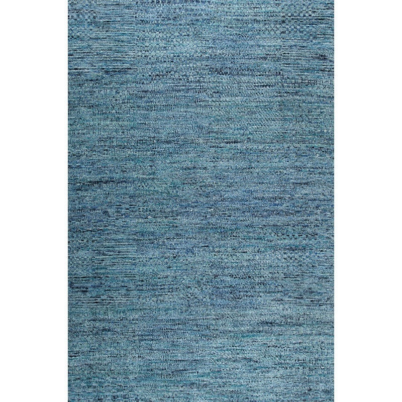 Blue Hand-Knotted Silk Horizon Woven Detail Solid Open Field Modern Contemporary Carpet Rug, 6' x 9'