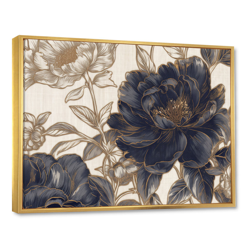Javion, fleur d'oeillet bleu doré III sur toile, H 12 po x l 20 po x P 1 po, Cadre flottant doré