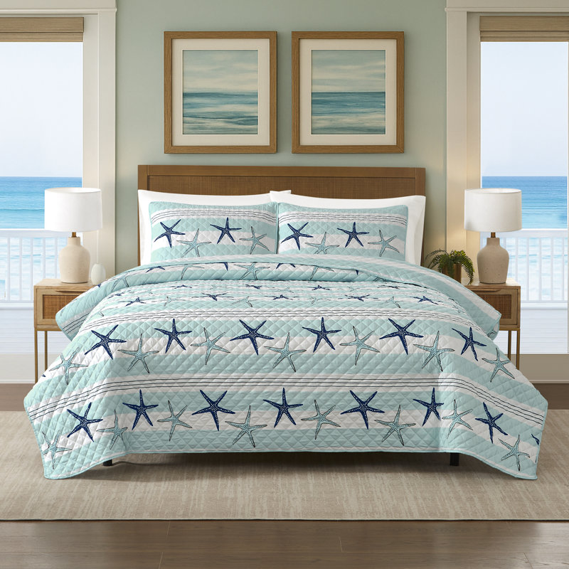 Avanti Starfish Stripe Full/Queen Quilt Set, Queen Quilt + 2 Pillowcases
