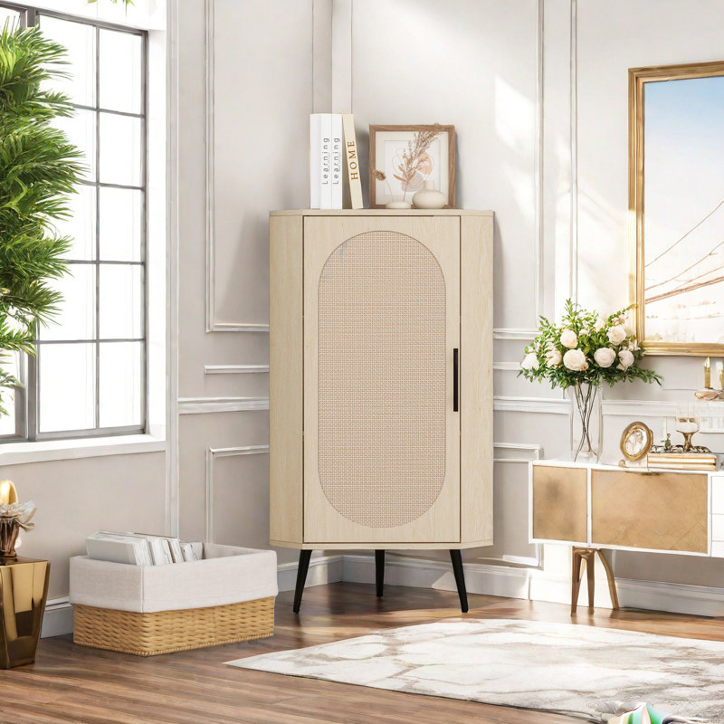 Corner Cabinet With Rattan Door, Freestanding Corner Tables For Small Spaces, Corner Display Cabinet