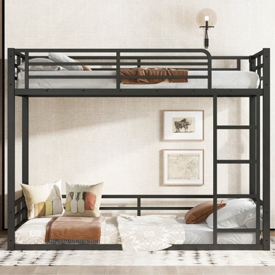 Metal Bunk Bed, Twin XL Over Twin XL Floor Bunk Bed Frame, Heavy-Duty Bunk Bed For Teens, Adults, Noise-Reduced Design
