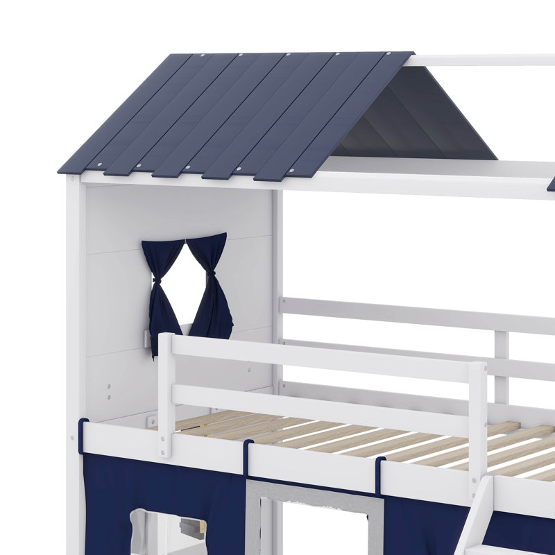 Un lit superposé élégamment conçu d'après une maison en bois, orné de charmantes fenêtres, Twin, Bleu / blanc