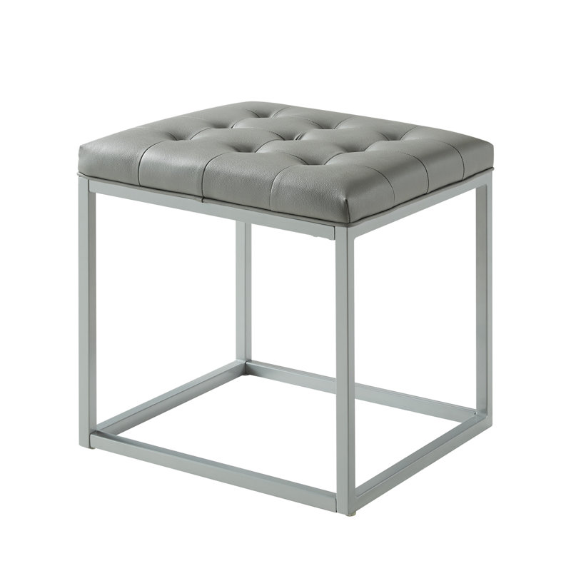 18" Faux Leather Grey Cube Ottoman, Grey Faux Leather