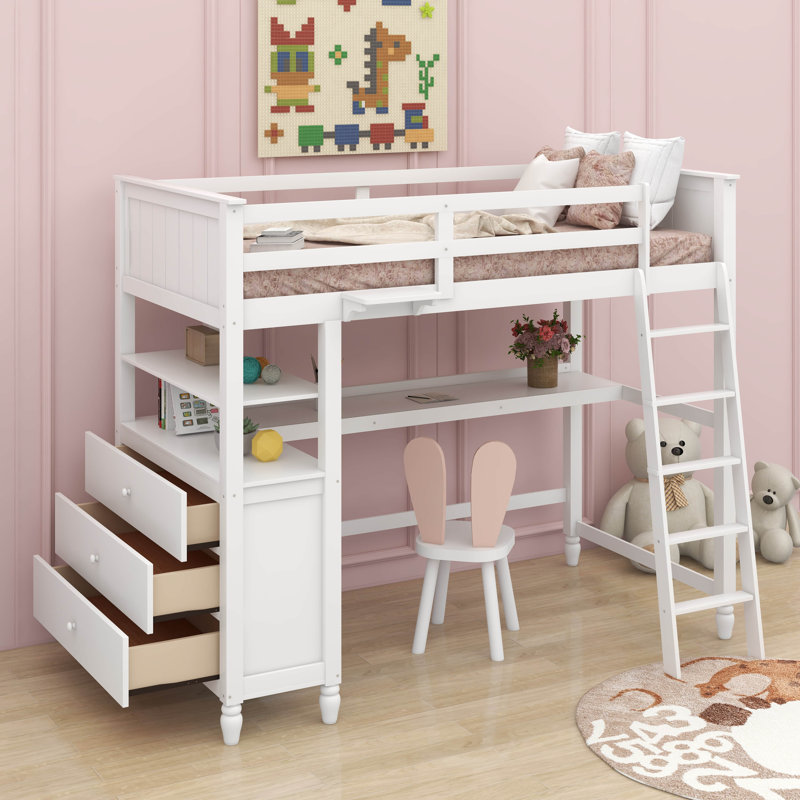 Lit mezzanine simple avec tiroirs Judithanne Kids, Blanc