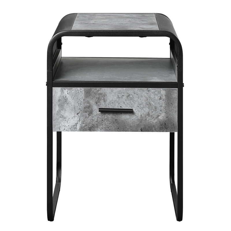 1 table de bout en béton gris et noir, pièce essentielle pour le salon, bords arrondis, support en métal et table pour l'espace, caractéristique élégante, tiroir spacieux,