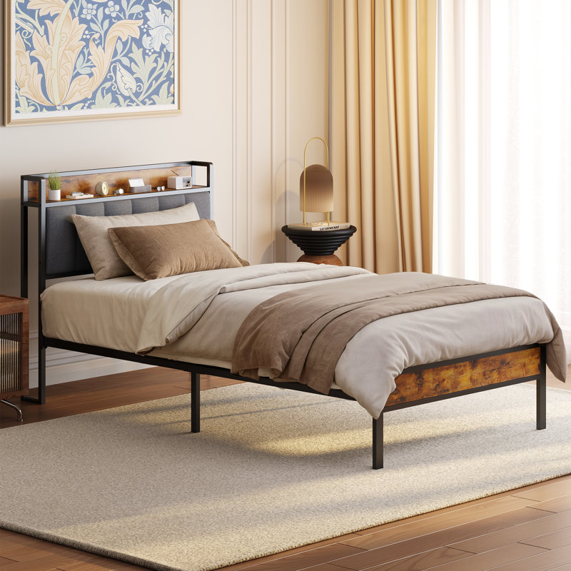Linen Upholstered Kewarra Bed Frame with Wood Slats & Storage Space, Twin, Dark Gray