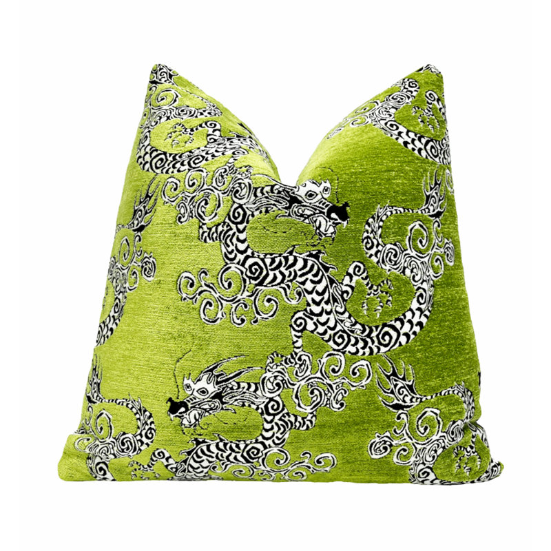 Housse de coussin en chenille brodée, Imprimé animal blanc / vert, H 22 po x l 22 po