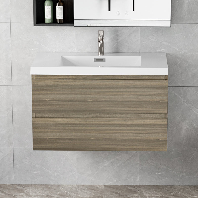 Meuble-lavabo mural simple 35,5 po Carol-Ann, Gris cendre, Blanc
