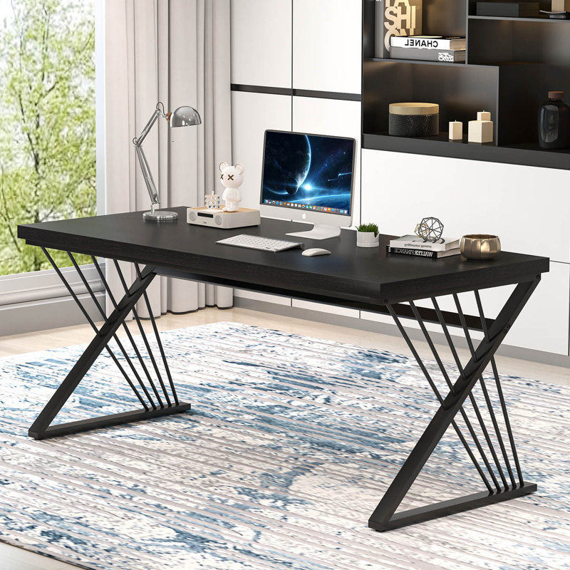 Cheryel Modern Wood and Metal Computer Desk, Walnut/Black, 29.53" H x 60" W x 23.62" D