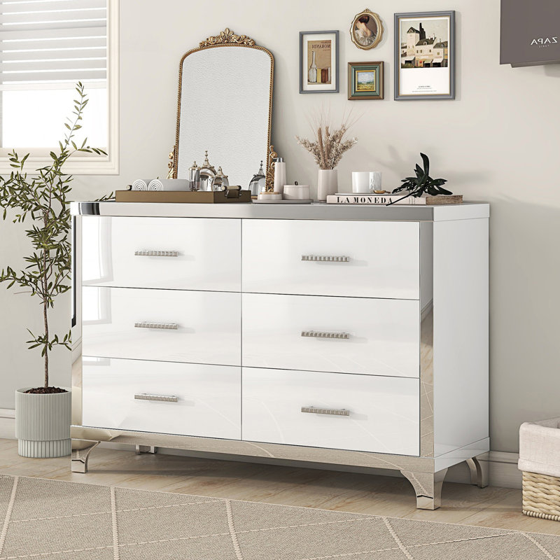 Armoire de rangement élégante à miroir avec 6 tiroirs, Argent
